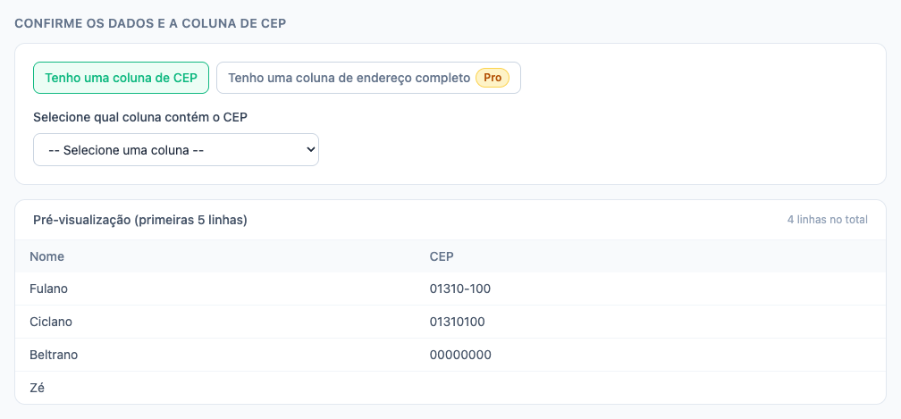 Preview da planilha no modo CEP, com o toggle 'Tenho uma coluna de CEP' selecionado e uma tabela mostrando Nome e CEP
