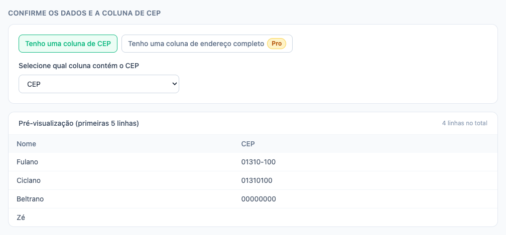 Dropdown com a coluna CEP selecionada, pronto para processar