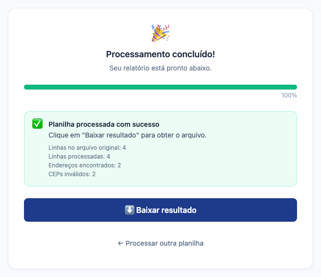 Tela de resultado do modo CEP mostrando 2 endereços encontrados e 2 CEPs inválidos