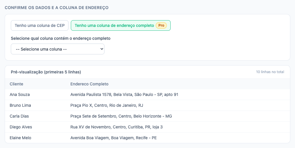 Toggle 'Tenho uma coluna de endereço completo' selecionado, com preview de endereços em texto livre