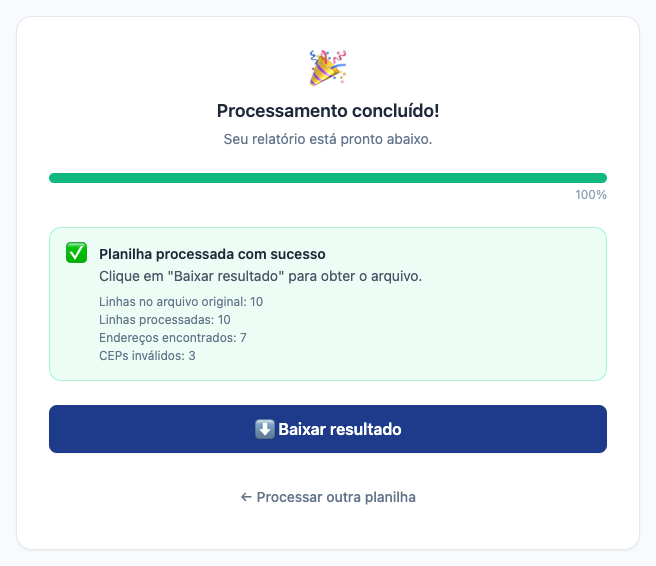 Tela de resultado do modo endereço completo, com 7 endereços encontrados e 3 inválidos